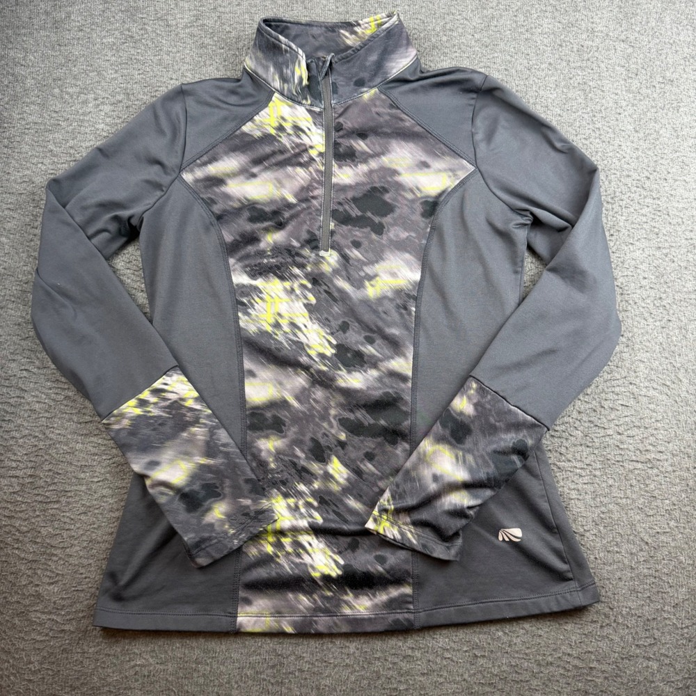 Marika Tek Quarter Zip Pullover Womens Medium Gray Yellow Abstract Thumbhole Top